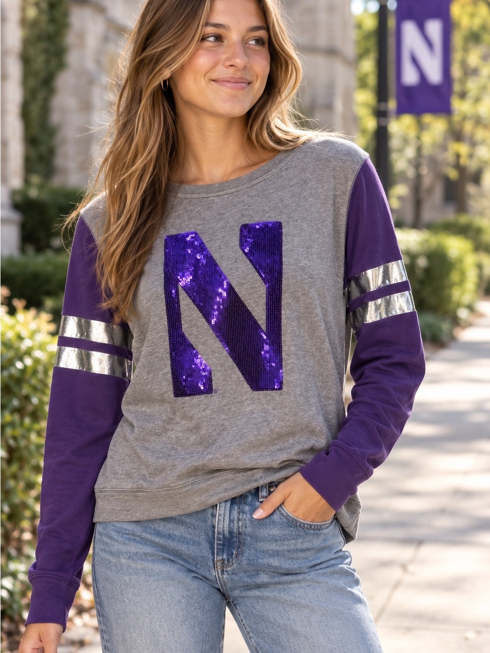 Victoria’s Secret PINK Purple Gray Sequin N Varsity Sweatshirt Top Small